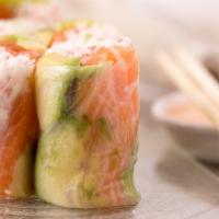 Japanese Springs Rolls (6 Pcs) · Fresh Salmon, Avocado, Cucumber, Lettuce wrapped in Rice Paper