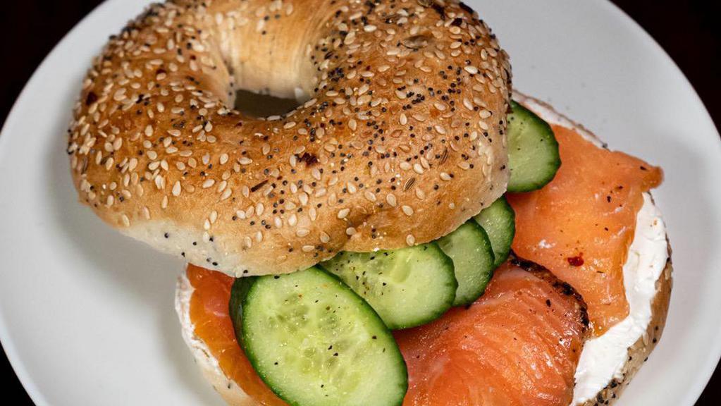 Smoked salmon bagel · Toasted bagel or croissant w/slice of smoked salmon,cucumber,and cream cheese