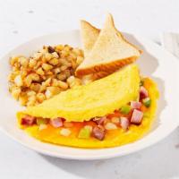 Denver Omelette · Three eggs scrambled with cheddar cheese, ham, onions, and bell peppers. Served with hashbro...