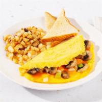 Veggie Omelette · Three eggs scrambled with your choice of cheese, peppers, and onions. Served with home fries...