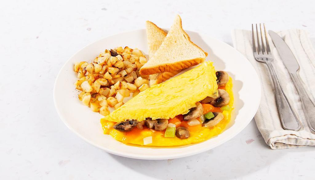 Veggie Omelette · Three eggs scrambled with your choice of cheese, peppers, and onions. Served with home fries and toast.