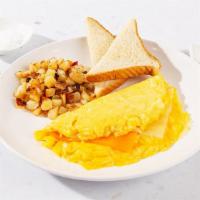 Cheese Omelette · Three eggs scrambled with your choice of cheese. Served with hashbrowns and toast.
