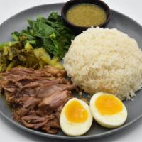 Khao Kha Moo · stew pork knuckle over rice with Chinese broccoli, pickled lettuce, boiled egg, spicy & citr...