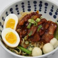 Bamee Moodaeng Hang · egg noodles with bbq pork, fish meatball, boiled egg, bean sprouts, and Chinese broccoli