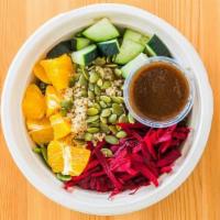 Beet Salad · Steamed Beets, Cucumber, Oranges and Quinoa over Spinach & Kale, Topped with Pumpkin Seeds a...