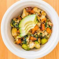 Breakfast Bowl · Two scrambled eggs, sweet potatoes, roasted veggies and sautéd spinach topped with avocado