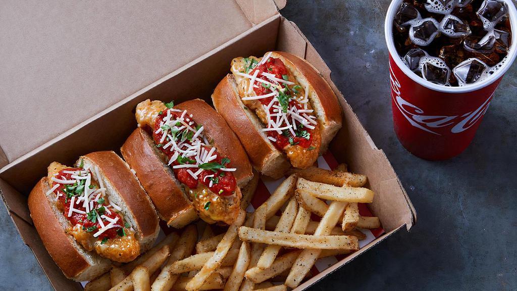 Italian Bird Dog Combo · 3 Chicken fingers tossed in Garlic Parmesan sauce on mini buns with marinara and Parmesan-Romano cheese. Paired with seasoned fries and fountain drink.