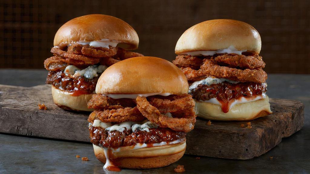 Buffalo Blue Sliders · 3 juicy burgers basted in Frank's Red Hot Buffalo sauce and topped with blue cheese crumbles, Cajun-spicy crisp onions and Ranch dressing.