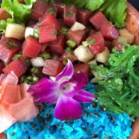Da Original Ahi Poke* · Ahi tuna, white & green onions, house poke sauce, furikake on polū rice, seaweed salad, ging...