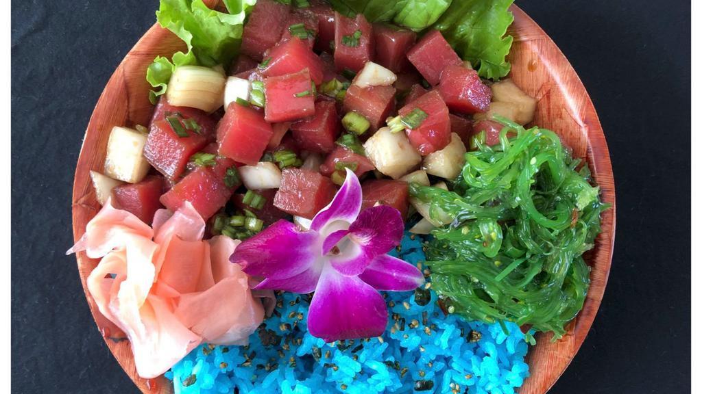 Da Original Ahi Poke* · Ahi tuna, white & green onions, house poke sauce, furikake on polū rice, seaweed salad, ginger. Award winner.