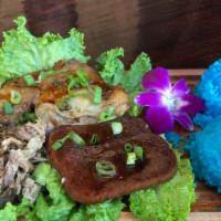Surf Pac Plate · a variety of plate with Kalua Pork, Shoyu Chicken and Spam. Served with Polu Rice.