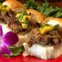 Kalua Pork Sliders (3) · sweet hawaiian rolls, kalua pork, mango, green onions, huli huli sauce