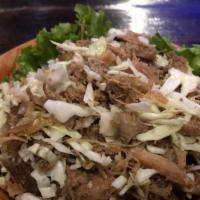 Kalua Pork & Cabbage (GF) - 1 lb · (gluten-free) slow roasted, smoked and shredded pork, mixed with shredded green cabbage.