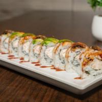 Dragon Roll · Eel cucumber inside topped with fresh avocado, eel sauce and tobiko.