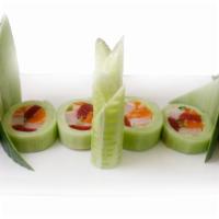 Belmont · In: tuna, salmon, hamachi, shrimp, shiso leaf, radish, kaiware
Out: cucumber wrap
sauce: ponzu