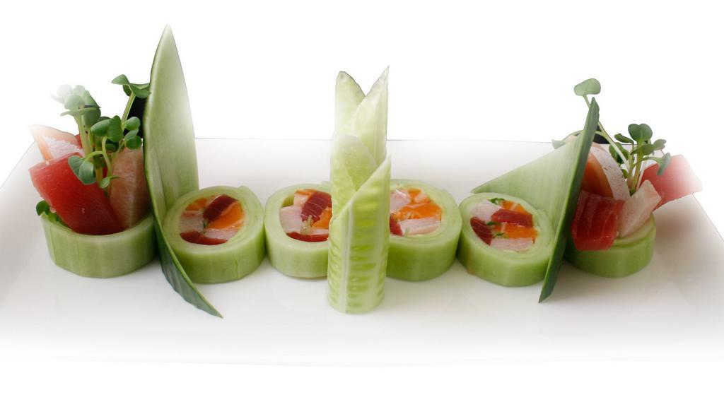 Belmont · In: tuna, salmon, hamachi, shrimp, shiso leaf, radish, kaiware
Out: cucumber wrap
sauce: ponzu
