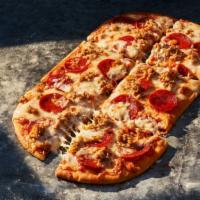 Sausage & Pepperoni Flatbread Pizza · 900 Cal. Chicken sausage crumbles, thick sliced pepperoni, our shredded Fontina and mozzarel...