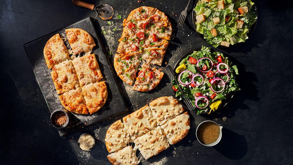 3 Flatbread Pizza Family Feast · A meal to feed the whole family, including any 3 Flatbread Pizzas and 2 whole salads. Serves 4-6.