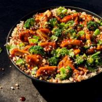 Teriyaki Chicken & Broccoli Bowl · 690 Cal. Cilantro lime brown rice and quinoa, chicken-thigh meat raised without antibiotics,...