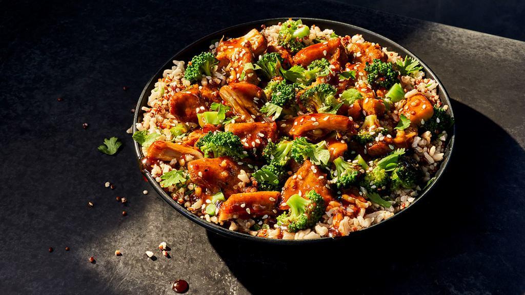 Teriyaki Chicken & Broccoli Bowl · 690 Cal. Cilantro lime brown rice and quinoa, chicken-thigh meat raised without antibiotics, broccoli, soy sauce-based teriyaki glaze, sesame seeds and fresh cilantro. Allergens: Contains Wheat, Soy