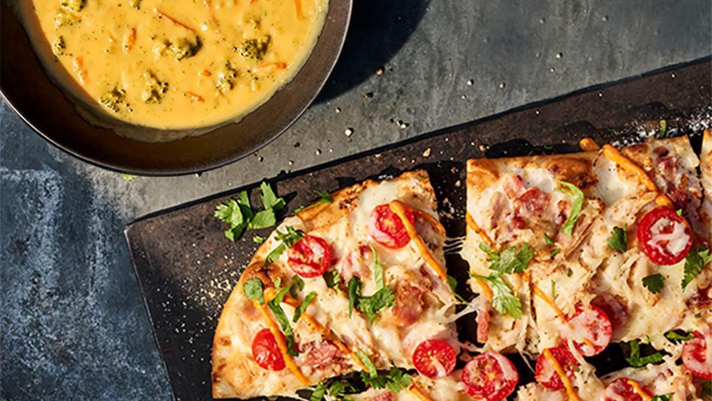 Flatbread Pizza And Soup/Mac · Selection of a flatbread pizza and a half soup