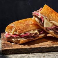 Toasted Steak & White Cheddar · Whole (940 Cal.), Half (470 Cal.) Grass fed beef, aged white cheddar, pickled red onions and...