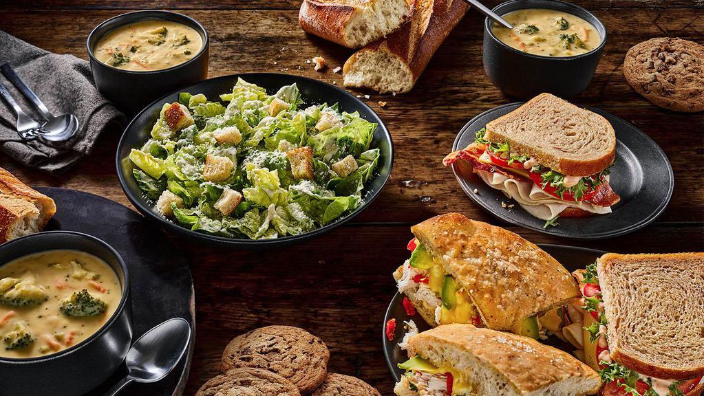 Family Feast With Cookies · A meal to feed the whole family, including 4 half sandwiches, 1 whole salad, 1 group soup, 1 whole French baguette and 4 Chocolate Chipper Cookies. Serves 4-6.