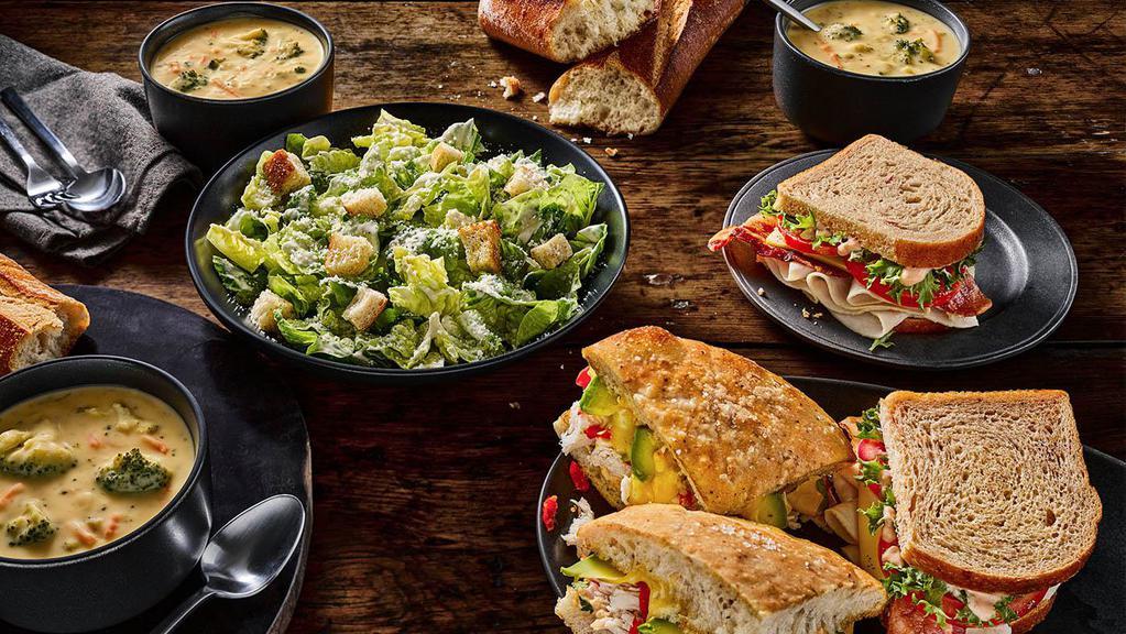 Family Feast · A meal to feed the whole family, including 4 half sandwiches, 1 whole salad, 1 group soup and 1 whole French baguette. Serves 4-6.