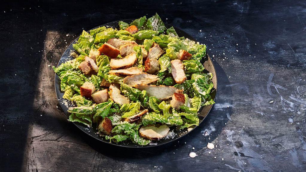 Caesar Salad With Chicken · Whole (440 Cal.), Half (220 Cal.) Chicken raised without antibiotics, romaine, grated Parmesan and homemade black pepper focaccia croutons tossed with Caesar dressing. Allergens: Contains Wheat, Milk, Egg, Fish