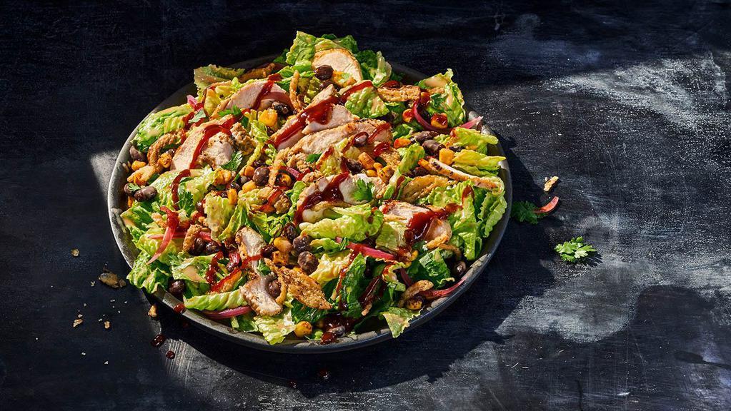 Bbq Chicken Salad · Whole (490 Cal.), Half (250 Cal.) Chicken raised without antibiotics, romaine, black bean and corn salsa and BBQ ranch dressing topped with frizzled onions and apple cider vinegar BBQ sauce. Allergens: Contains Wheat, Milk, Egg