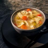 Homestyle Chicken Noodle Soup · Bowl (100 Cal.), Cup (60 Cal.), Bread Bowl (780 Cal.), Group (230 Cal.) Tender pieces of whi...