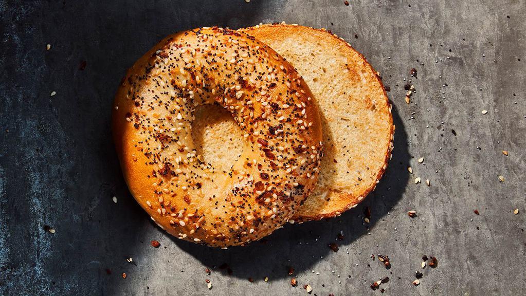 Everything Bagel · 290 Cal. Freshly baked bagel topped with sesame seeds, poppy seeds, dried garlic, toasted onion & kosher salt. Allergens: Contains Wheat