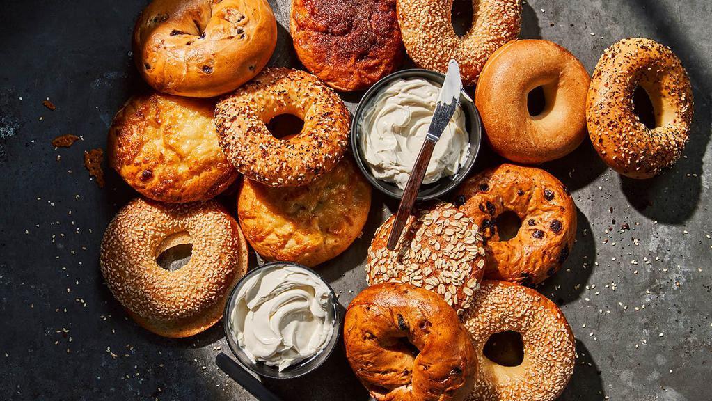 Bagel Pack · Your choice of 13 freshly baked bagels served with two tubs of cream cheese spreads. Serves 13.