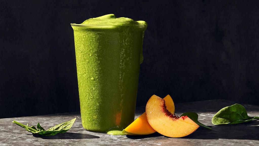 Green Passion Smoothie · 250 Cal. Peach and mango purees and white grape and passionfruit juice concentrates blended with fresh spinach and ice. Allergens: none