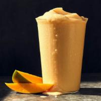 Mango Smoothie · 300 Cal. Mango fruit base mixed with orange juice and banana puree blended with plain Greek ...