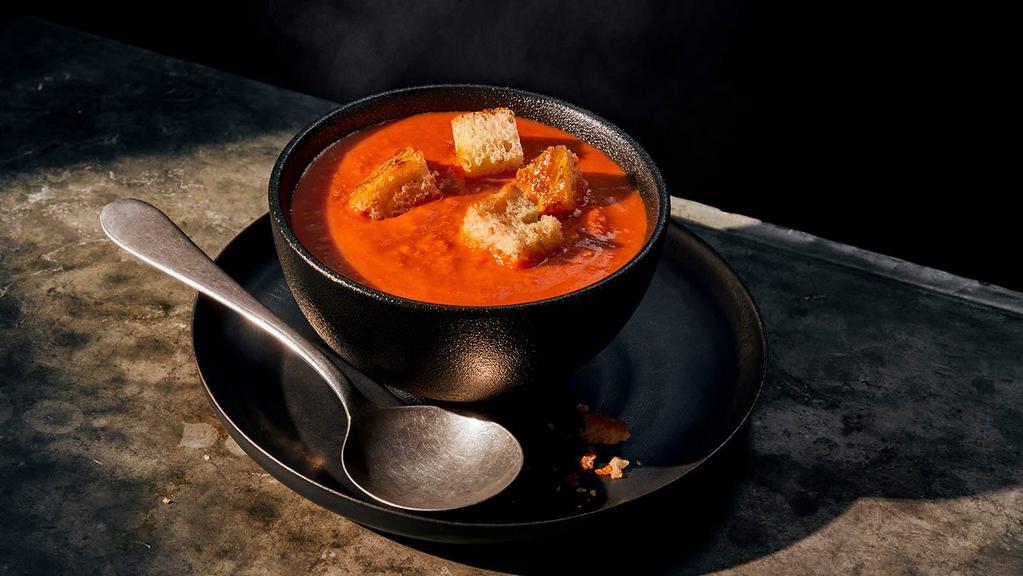 Kids Creamy Tomato Soup · 240 Cal. Vine-ripened pear tomatoes pureed with fresh cream for a velvety smooth flavor accented by hints of red pepper and oregano and topped with black pepper focaccia croutons. Allergens: Contains Wheat, Milk