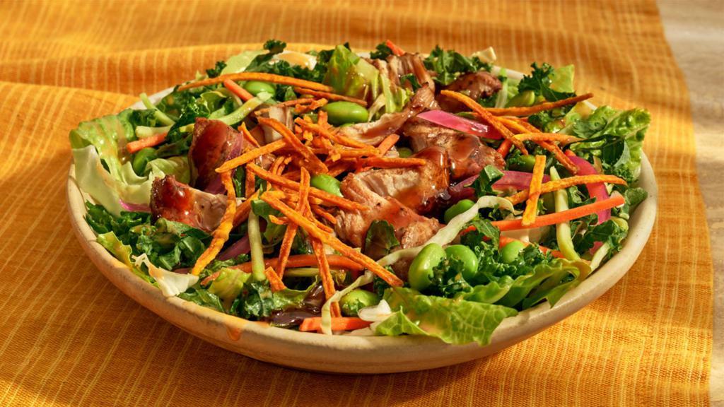 New Kids Citrus Asian Crunch Salad With Chicken · 320 Cal. Romaine and a blend of chopped broccoli, green cabbage, carrots, and kale tossed with edamame, pickled red onions, and fresh cilantro in tangerine soy ginger dressing and topped with warm seared chicken thigh meat, crispy carrots, and a teriyaki drizzle. Allergens: Contains Wheat, Soy