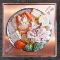 Cheesy Milk Hot Soup · Taiwanese cabbage, pork slices, vermicelli, mini sausage, enoki mushroom, tomato, corn, broc...