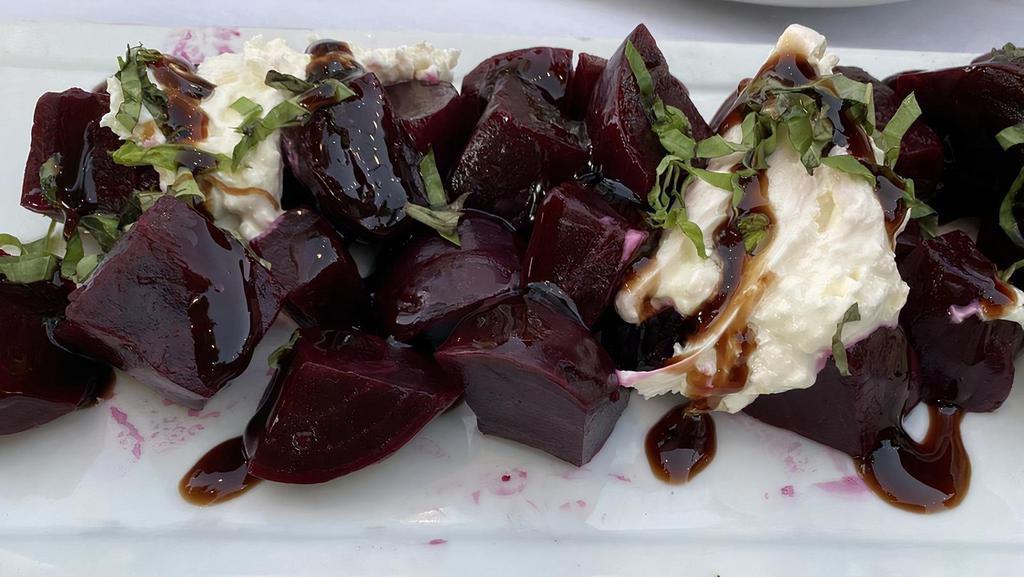 Red Beet Caprese · Roasted red beets & creamy burrata mozzarella with basil, olive oil & balsamic glaze.