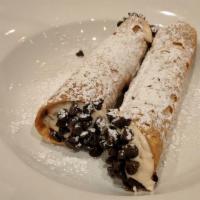 Cannoli (2 Pieces) · Crisp Cinnamon Infused pastry Shell Filled with Sweet Ricotta and Cream Cheese & Semi-Sweet ...