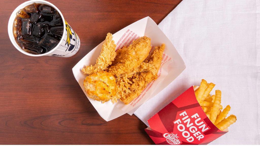 5 Piece Texas Tenders™ Combo · Five Texas Tenders™, our new recipe of our handcrafted classic marinated in buttermilk, perfectly seasoned, served with two regular sides, a Honey-Butter Biscuit™, and a large ice cold drink.