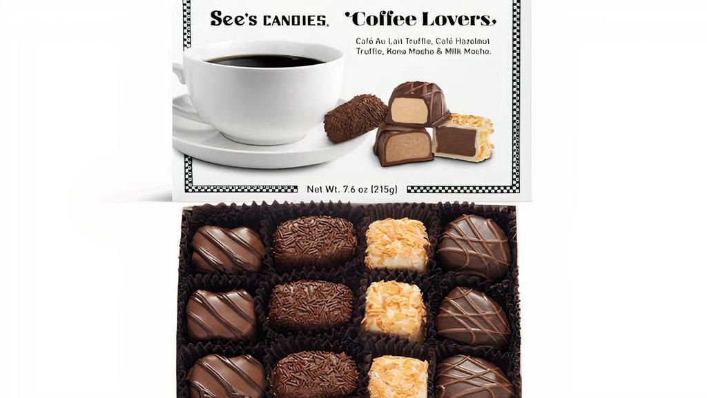 Coffee Lovers Box · Something delicious is brewing in this box filled to the brim with enticing coffee flavors. Approximately 12 pieces including* Cafe Hazelnut Truffle, Milk Mocha, Kona Mocha, Cafe au Lait Truffle. *Replacements may be made depending on candy availability.