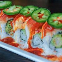 Mexican Roll · Shrimp tempura, spicy crab meat. Out: spicy tuna and jalapeno. With sauce