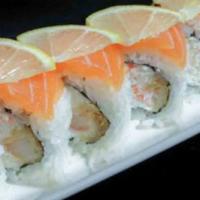 49er's Roll · In: crab meat avocado. Out: Salmon, thin slice of lemon.