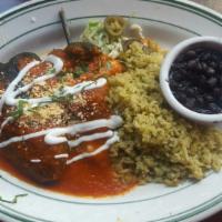 Chile Rellenos · Poblano Chile stuffed with our veggie mix and Mexican cheese, topped with Ranchera  sauce an...