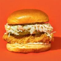 The Og · Our signature fried chicken served on a toasted bun and topped with coleslaw, pickles, and m...