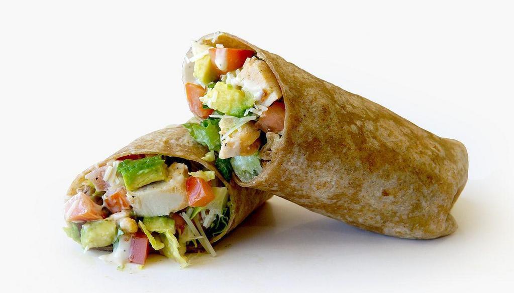 Cleopatra Wrap · Chicken breast, crisp fresh romaine, avocado, tomato, Asiago cheese, and croutons with Caesar dressing in a wheat wrap. 1200 cal.
