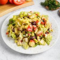 Greek Salad · Chopped romaine, cucumber, tomato, kalamata olives, bell pepper, and imported sheep’s feta c...