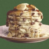 Banana Chocolate Chip Pannies · Two large Chocolate Chip & Banana Pancakes, served with Syrup.