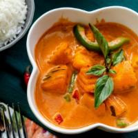 Red Curry   · Spicy. Vegan. gluten-free. Spicy red coconut curry with pumpkin, green beans, eggplant, bamb...